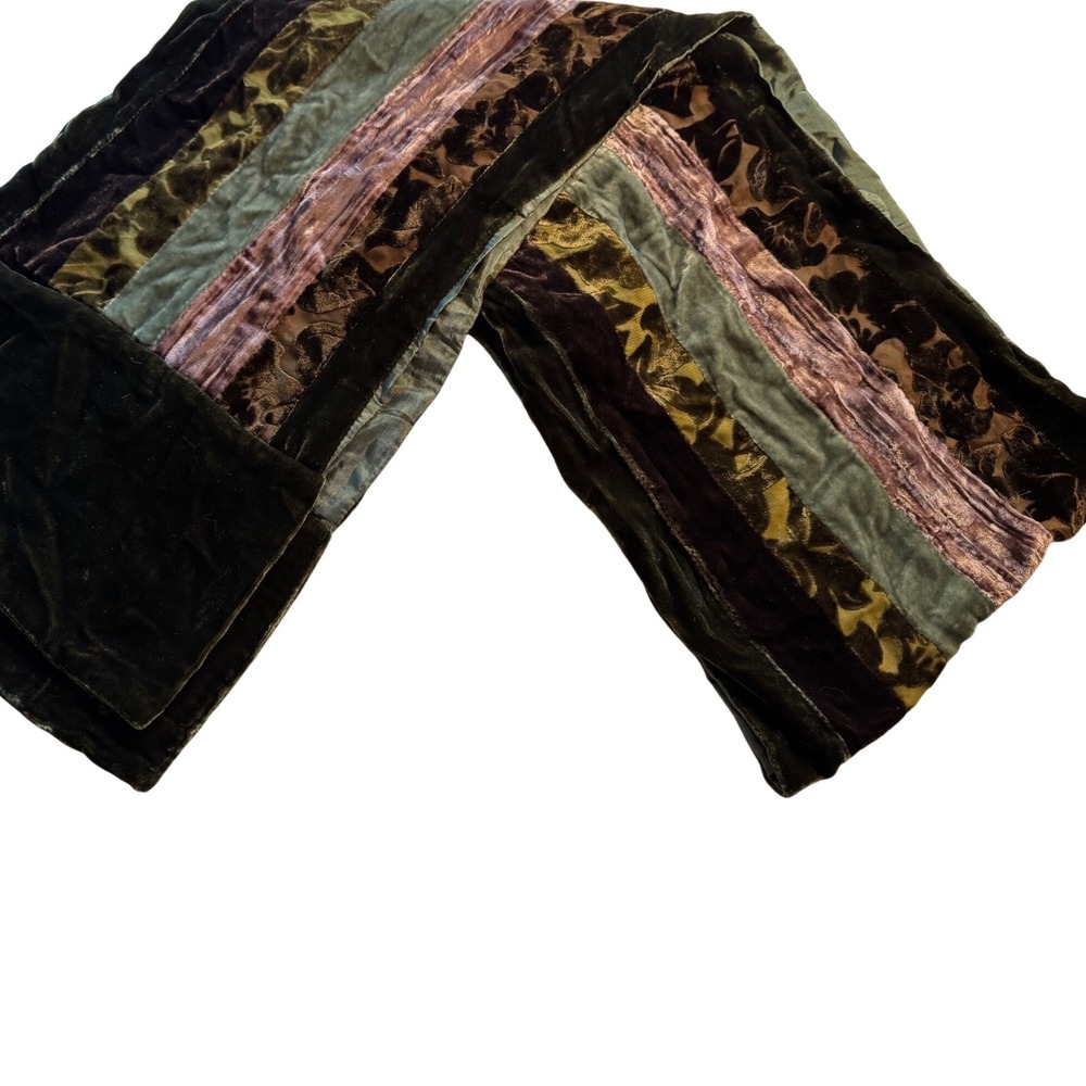 Patchwork Burnout Velvet Scarf Green Brown Floral Whimsigoth Boho Wrap 10 x 70"
